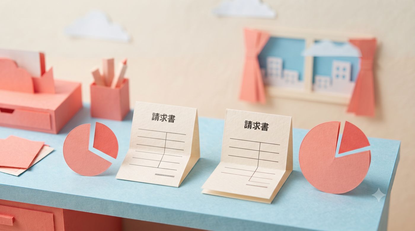 軽減措置を表す切り紙の請求書と円グラフ