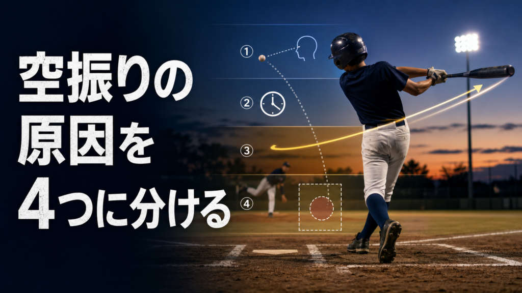 少年野球の空振りを判断・タイミング・軌道・接触に分けて観察するイメージ