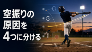 少年野球の空振りを判断・タイミング・軌道・接触に分けて観察するイメージ