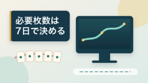 右側のモニターと五枚のメモカードを描いた編集イラスト。画像内文字は「必要枚数は／7日で決める」。