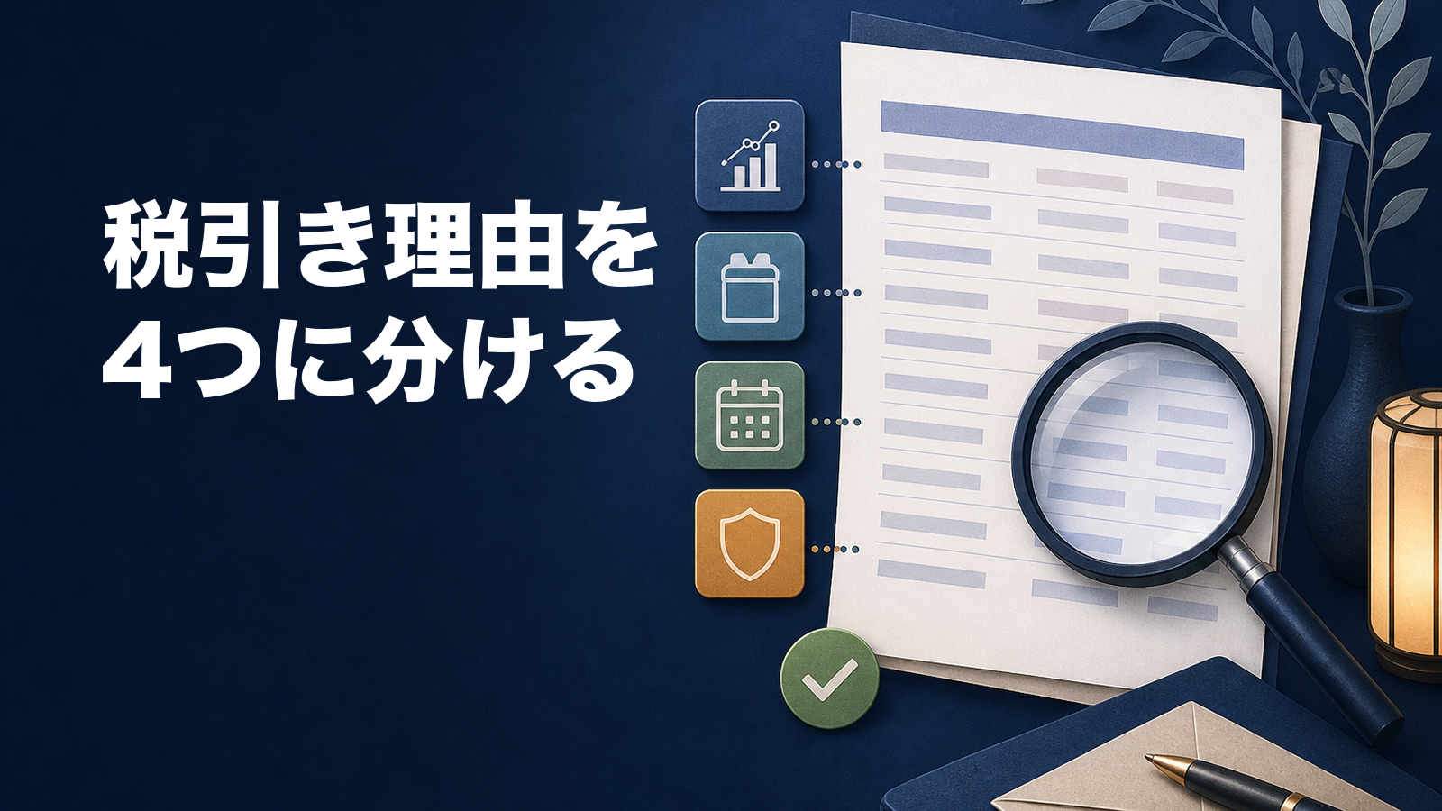 配当明細を虫眼鏡と4項目で確認する図に『税引き理由を4つに分ける』と表示した画像画像内文字は「税引き理由を／4つに分ける」。
