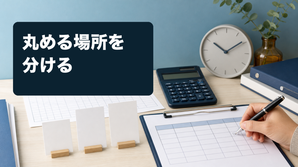 時計、電卓、日次・月次・金額の無記名カードを照合する手元に『丸める場所を分ける』と表示した画像画像内文字は「丸める場所を／分ける」。