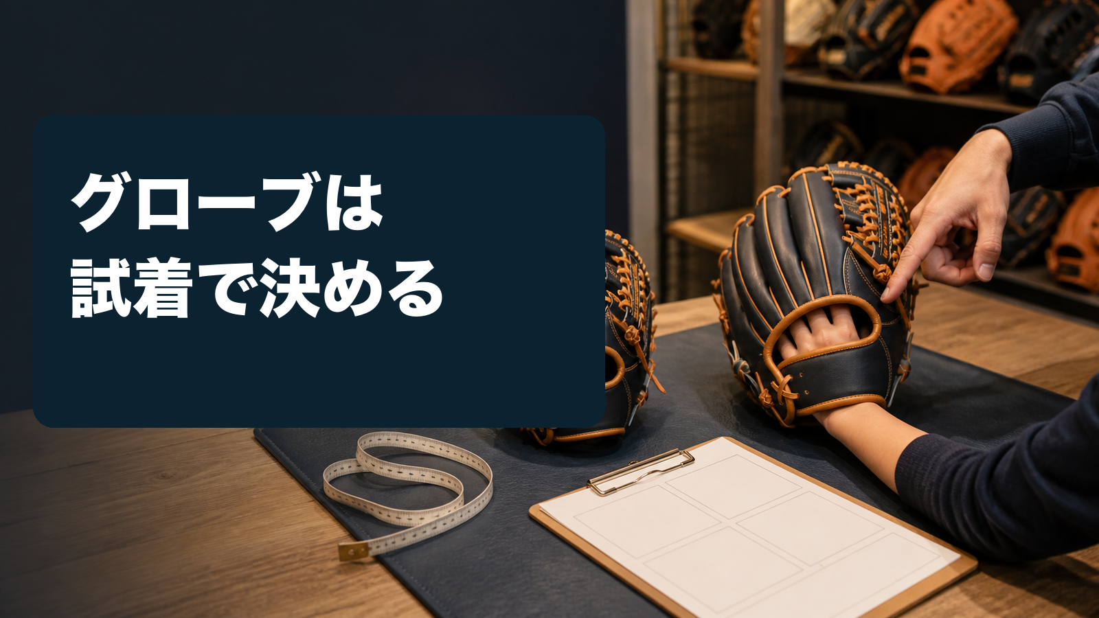 店頭で二つの無銘グローブを本人の手で比べる場面に『グローブは試着で決める』と表示した画像画像内文字は「グローブは／試着で決める」。