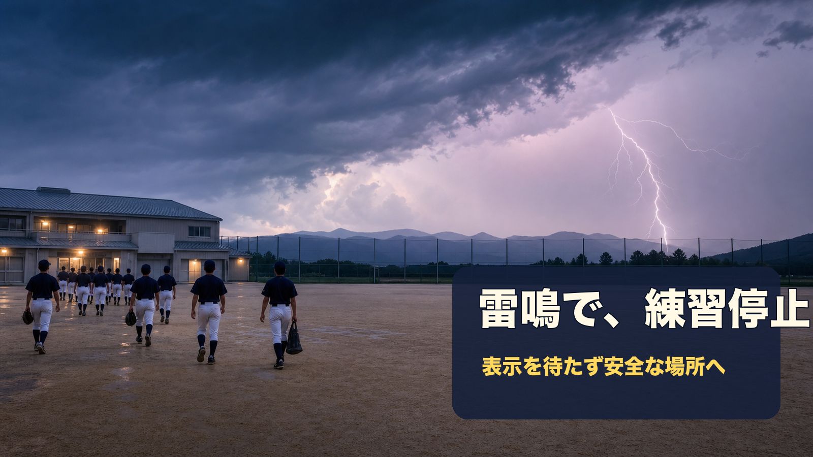 雷鳴を受けて野球練習を停止し、選手が建物または車内へ退避している様子（イメージ）