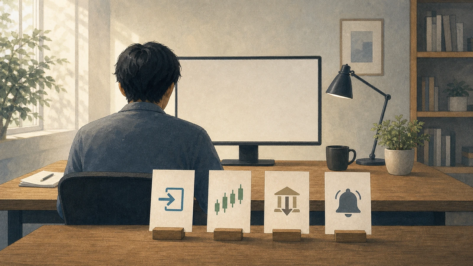 証券口座の安全設定を入口、取引、出金、通知の四つの抽象カードに分けた点検図