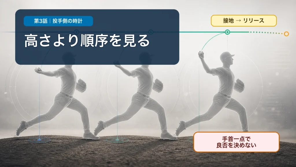 投手の前足接地からリリースまでを時計として読み、手首の高さだけで良否を決めない編集図