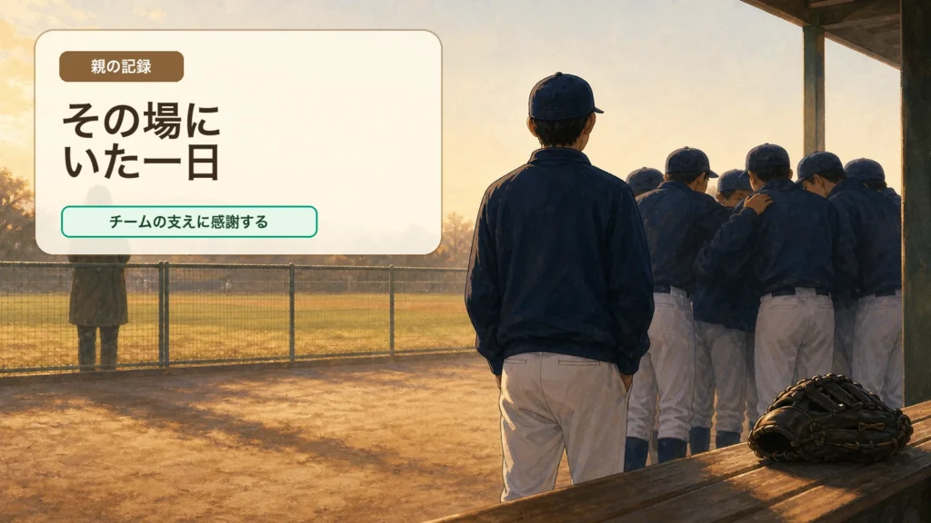 匿名のチーム風景とベンチのグラブで、チームの場にいられた一日への感謝を表した編集イラスト