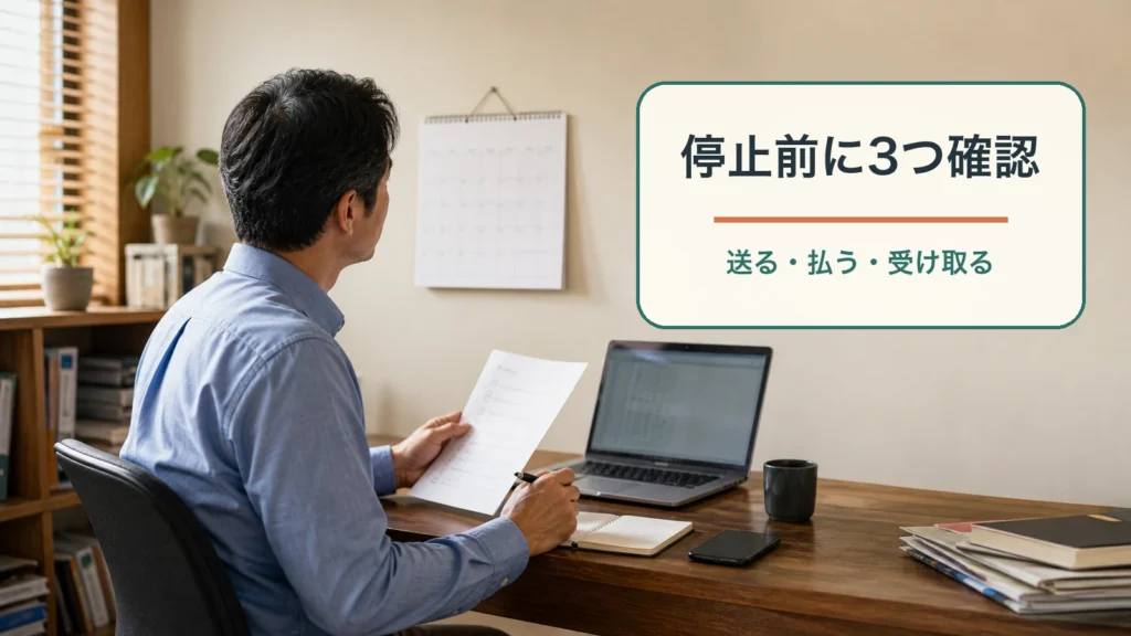 匿名の40代経営者が小さな事務所でカレンダーと予定表を見比べ、停止前の三つの確認を始める場面