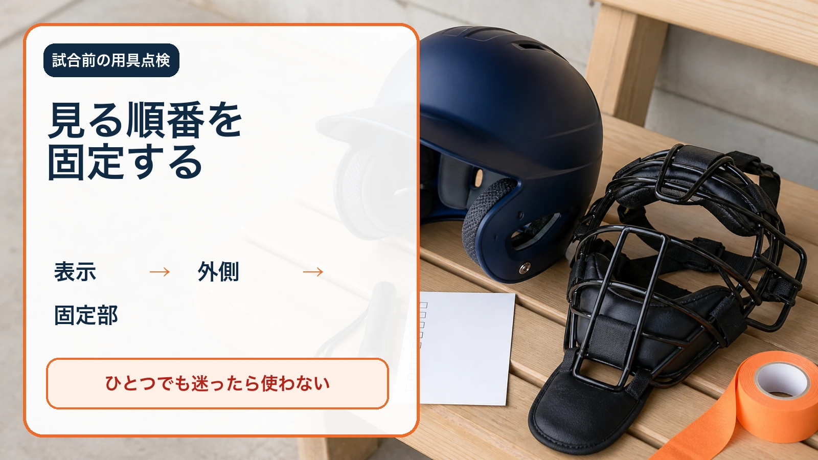 木製ベンチの打者用ヘルメットと捕手マスクに、表示、外側、固定部の順で見る用具点検を重ねた画像