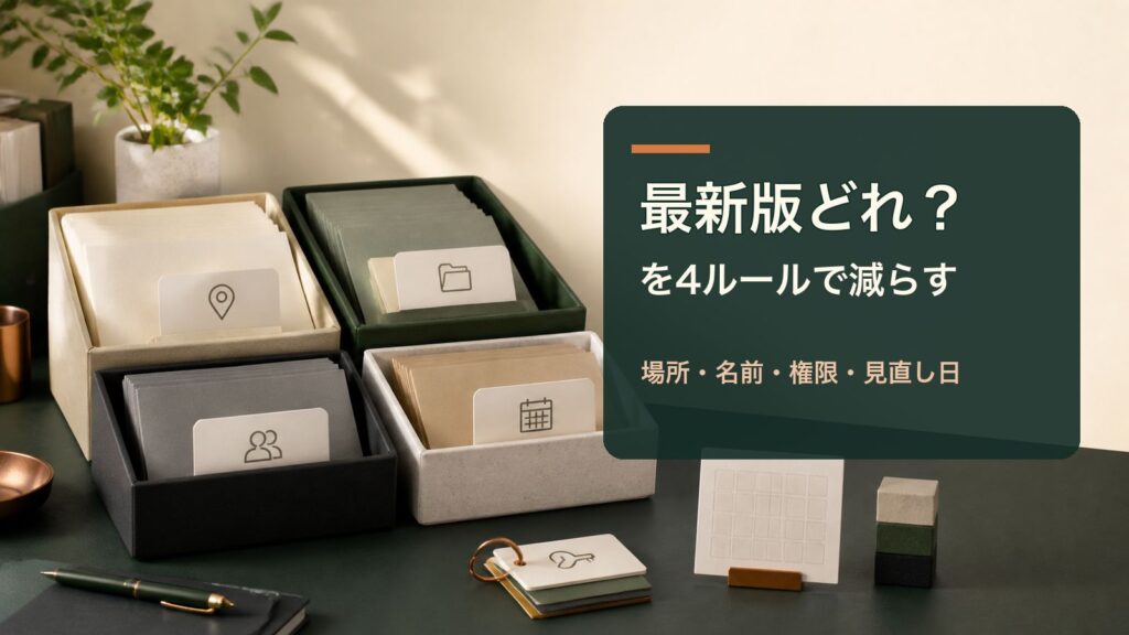四つの書類箱と「最新版どれ？を4ルールで減らす」の見出し