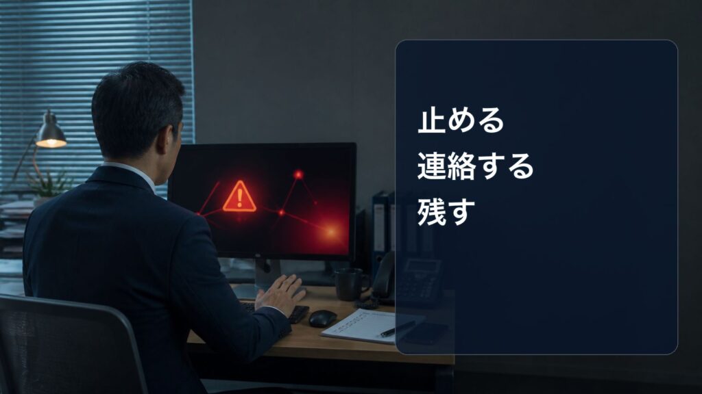 サイバー事故を疑い操作を止めて初動を整理する中小企業経営者のイメージ