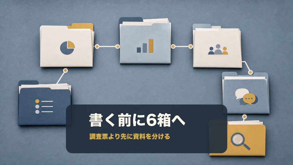 会社情報・人員・決算・投資・取引・将来を表す六つの抽象フォルダーを確認線でつないだアイキャッチ