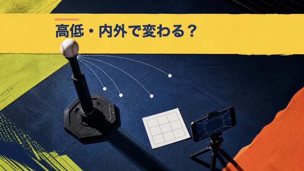 ティー打撃の高低・内外と接触位置の前後を比べるイメージ