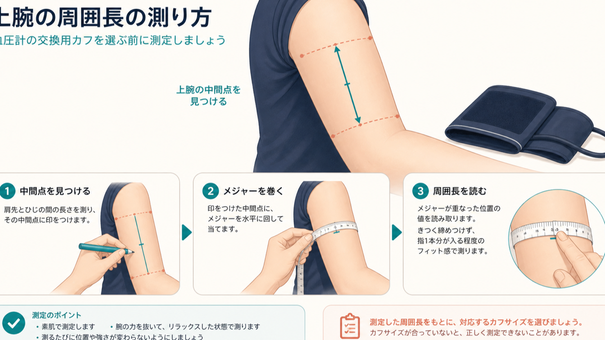 匿名の人物が上腕中央にメジャーを巻き、腕帯サイズの測定位置を確認する図