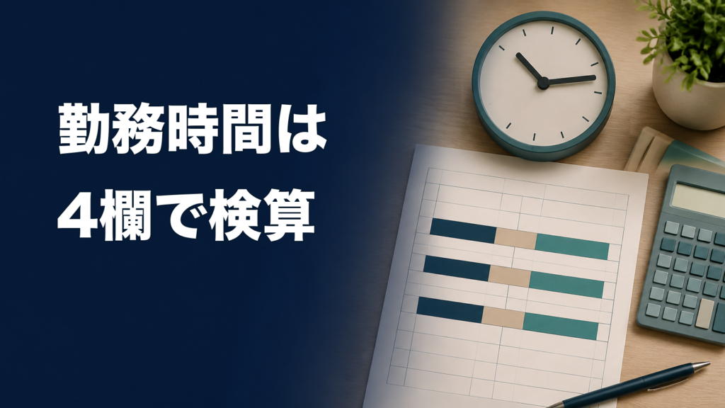 時計・勤務表・電卓を机上に配置した図。画像内文字は『勤務時間は／4欄で検算』。画像内文字は「勤務時間は／4欄で検算」。