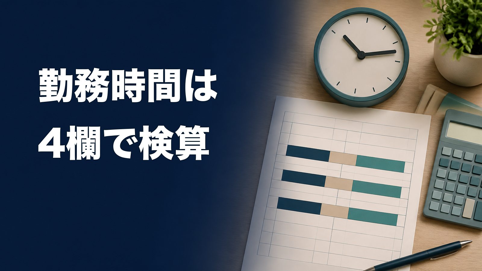 時計・勤務表・電卓を机上に配置した図。画像内文字は『勤務時間は／4欄で検算』。画像内文字は「勤務時間は／4欄で検算」。