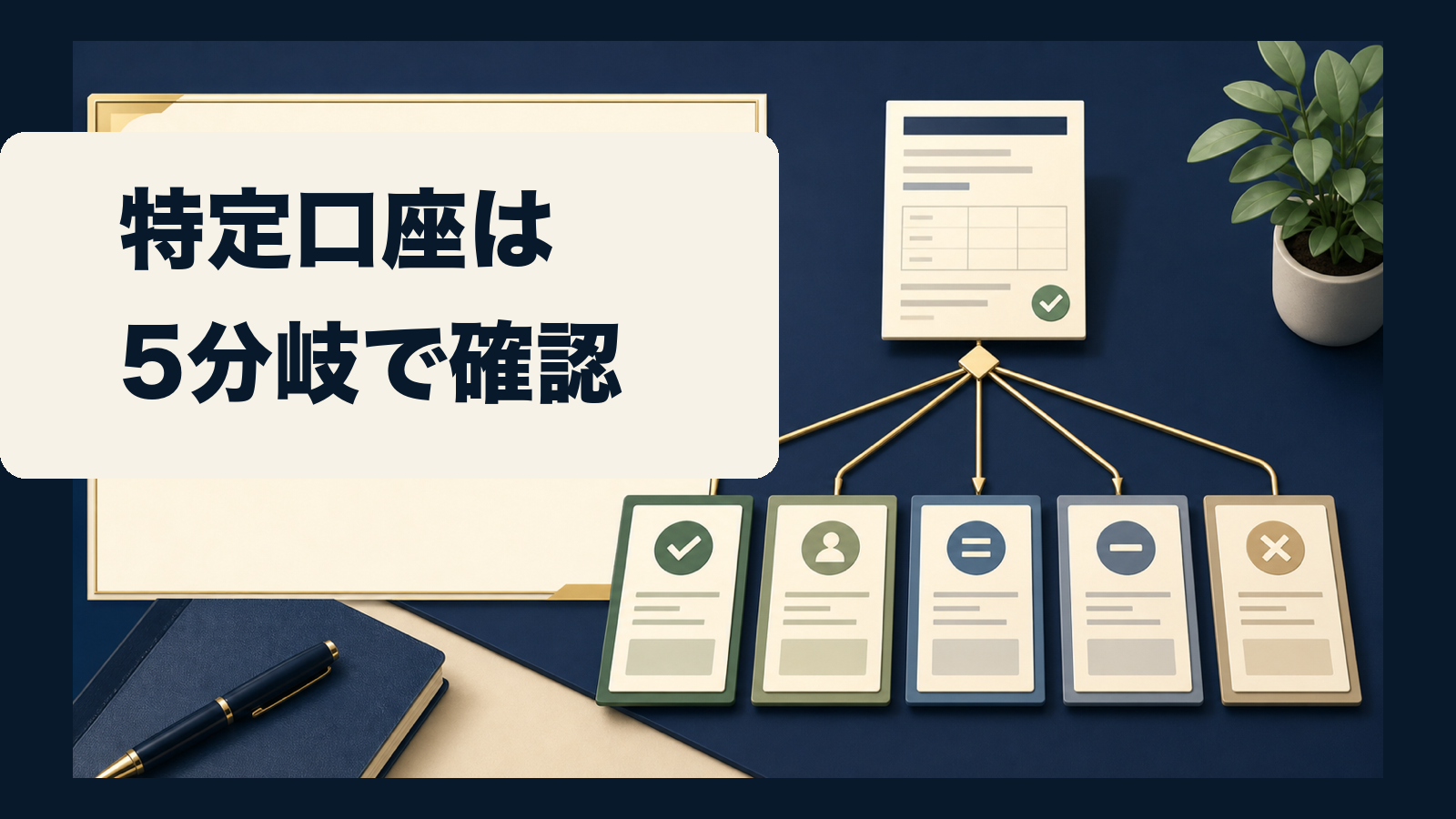 年間取引報告書を模した匿名カードから5つに分岐する図。画像内文字は『特定口座は／5分岐で確認』。画像内文字は「特定口座は／5分岐で確認」。
