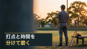 夕暮れのグラウンドを見つめる匿名の成人選手とベンチ脇のバットの生成イメージ。画像内文字は「打点と時間を／分けて磨く」。