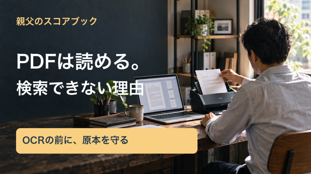 親父のスコアブック／PDFは読める。／検索できない理由／OCRの前に、原本を守る。記事の趣旨を表した生成イメージ