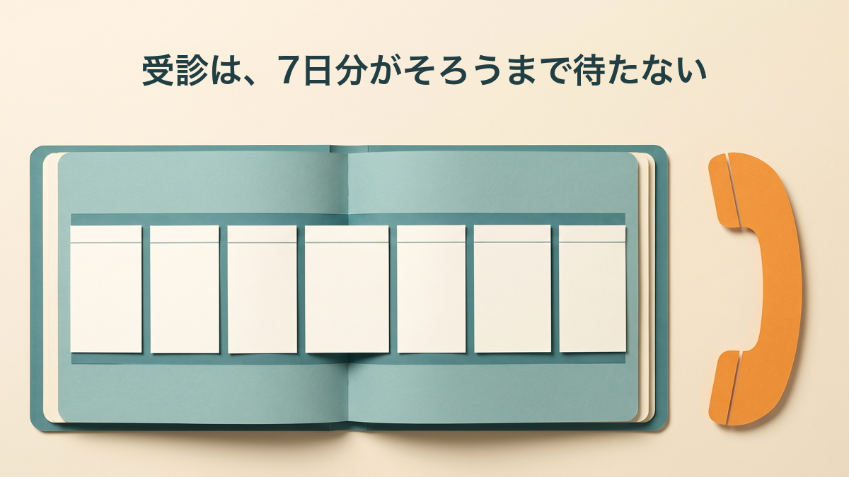 受診は、7日分がそろうまで待たない。七つの空欄と電話を並べ、記録の完成より必要な相談を優先することを示す概念図。