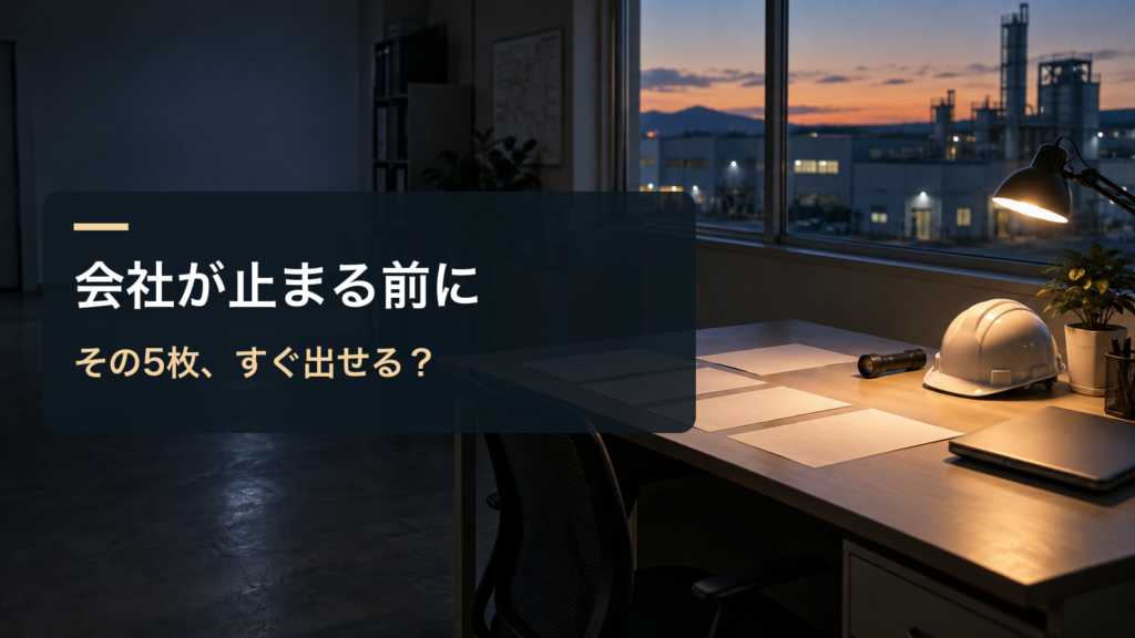会社が止まる前に／その5枚、すぐ出せる？。記事の趣旨を表した生成イメージ
