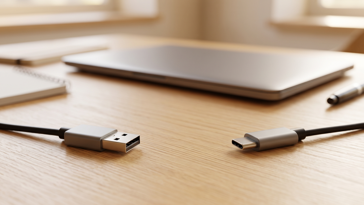 机に離して置かれたUSB-AとUSB-Cのプラグ。接続端子を確認する説明用イメージで、特定製品の写真ではありません。