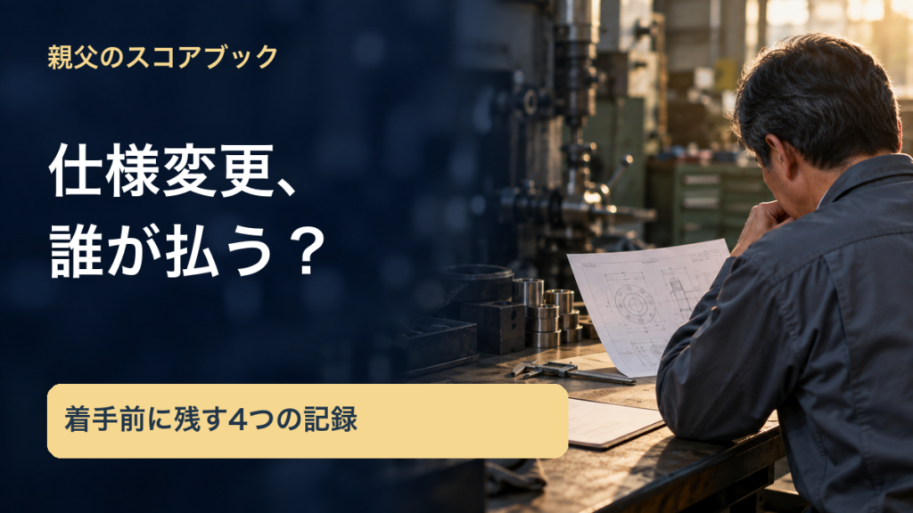 親父のスコアブック／仕様変更、／誰が払う？／着手前に残す4つの記録。記事の趣旨を表した生成イメージ
