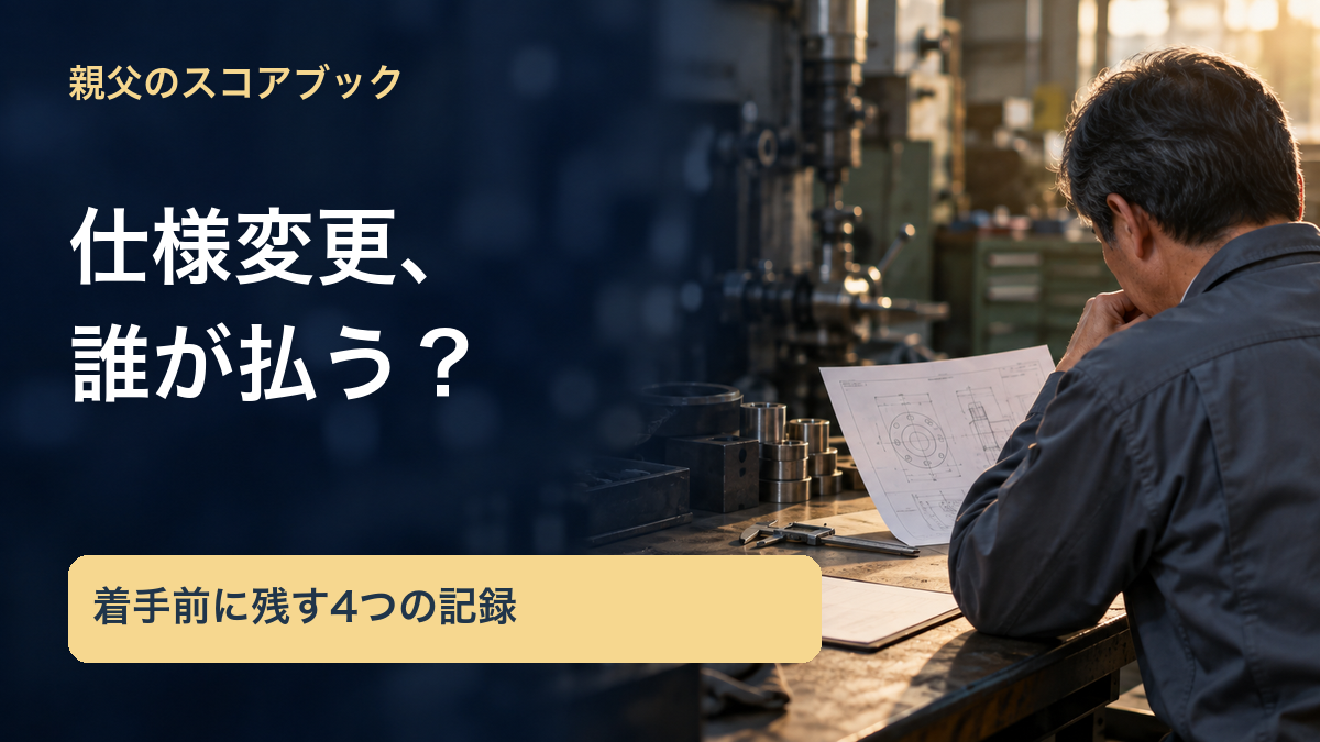 親父のスコアブック／仕様変更、／誰が払う？／着手前に残す4つの記録。記事の趣旨を表した生成イメージ