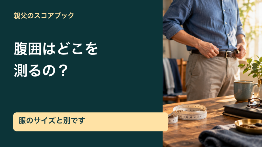親父のスコアブック／腹囲はどこを／測るの？／服のサイズと別です。記事の趣旨を表した生成イメージ