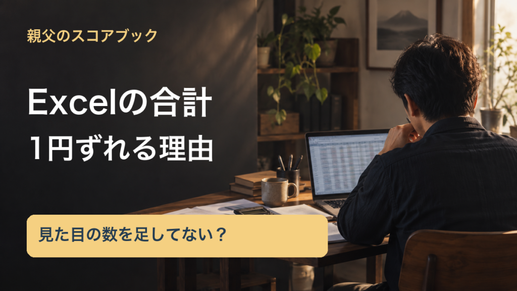 親父のスコアブック／Excelの合計／1円ずれる理由／見た目の数を足してない？。記事の趣旨を表した生成イメージ