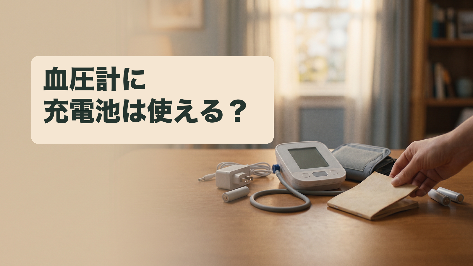 木の机で血圧計の電源を確認する架空の情景と「血圧計に充電池は使える?」の見出し