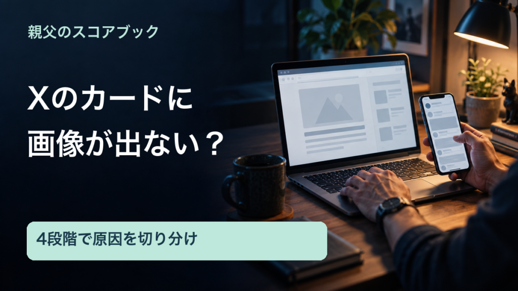 親父のスコアブック／Xのカードに／画像が出ない？／4段階で原因を切り分け。記事の趣旨を表した生成イメージ