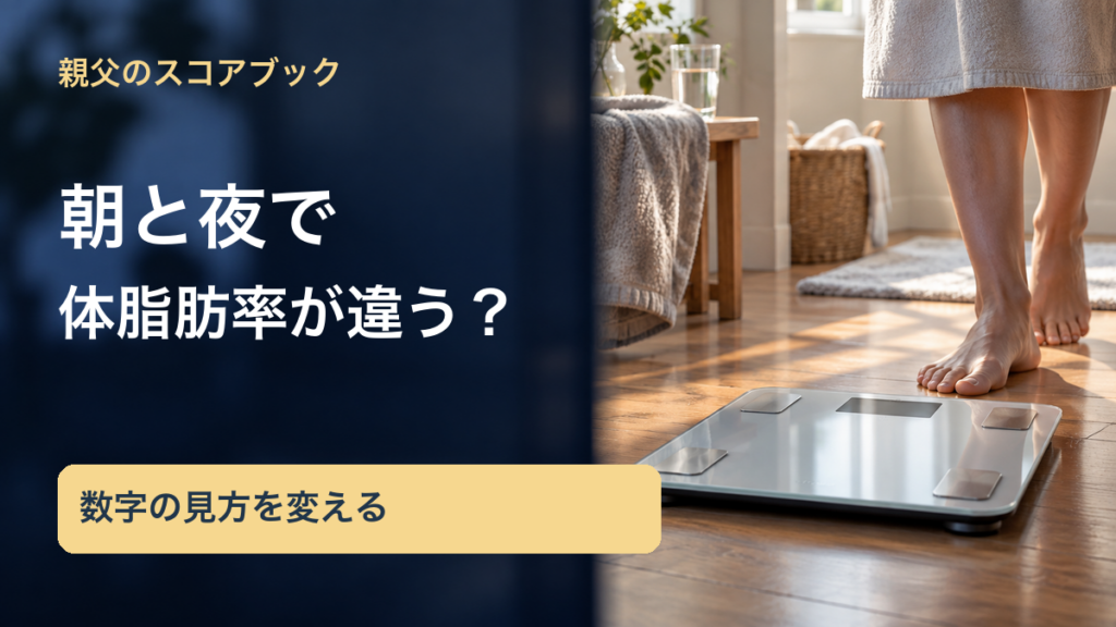 親父のスコアブック／朝と夜で／体脂肪率が違う？／数字の見方を変える。記事の趣旨を表した生成イメージ