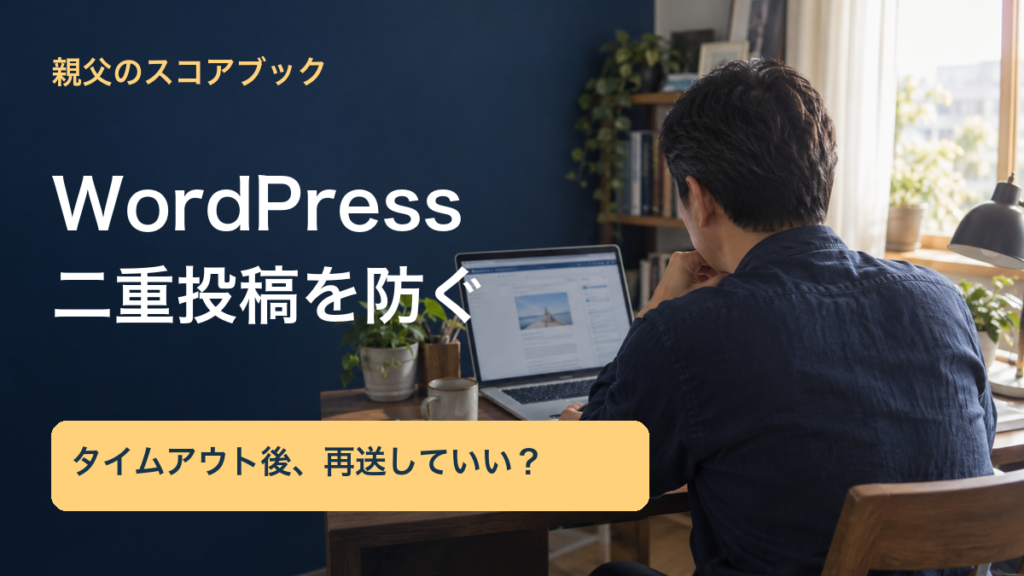 親父のスコアブック／WordPress／二重投稿を防ぐ／タイムアウト後、再送していい？。記事の趣旨を表した生成イメージ