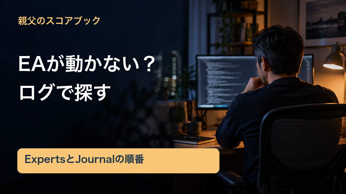 親父のスコアブック／EAが動かない？／ログで探す／ExpertsとJournalの順番。記事の趣旨を表した生成イメージ