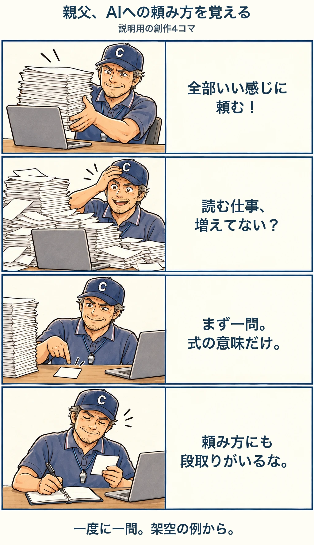 説明用の創作4コマ。親父キャプテンがAIへの丸投げから、一問ずつ架空例で尋ねて手元で確認する方法へ切り替える。