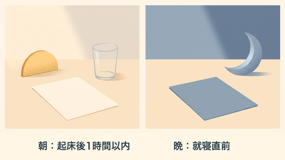 朝：起床後1時間以内。晩：就寝直前。朝晩を太陽と月で示す概念図。測定の詳しい条件は本文を確認してください。