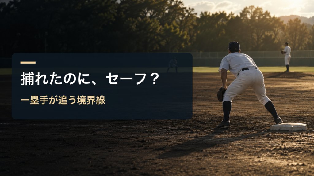 捕れたのに、セーフ？／一塁手が追う境界線。記事の趣旨を表した生成イメージ