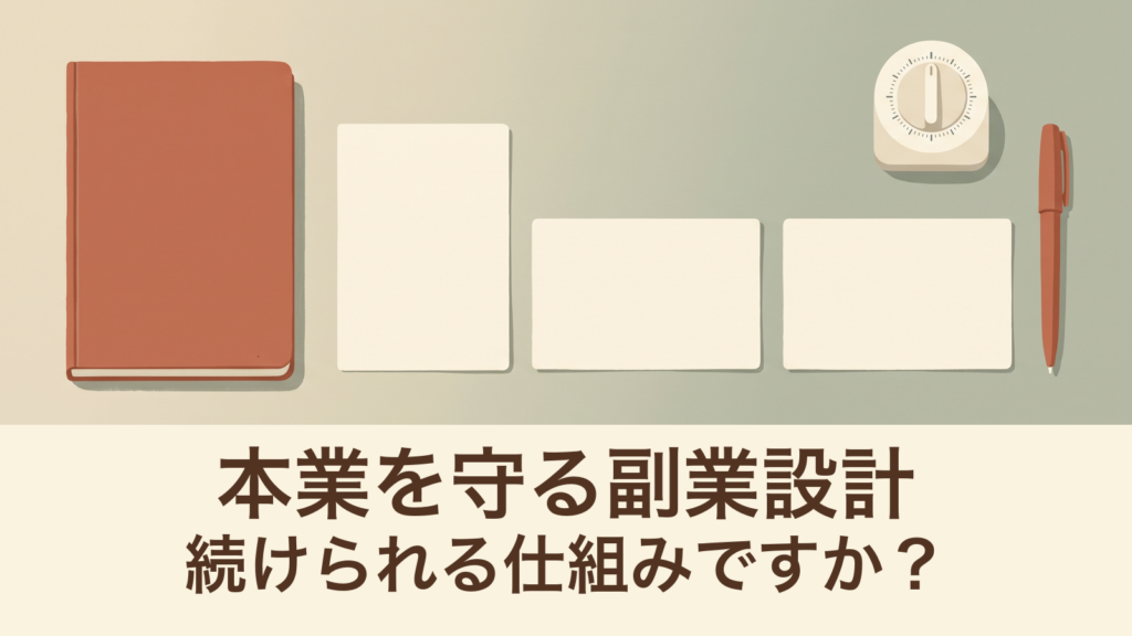 ノート、無地のカードとタイマーで継続できる作業を考えるイラスト。「本業を守る副業設計」「続けられる仕組みですか？」