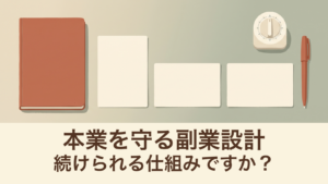 ノート、無地のカードとタイマーで継続できる作業を考えるイラスト。「本業を守る副業設計」「続けられる仕組みですか？」