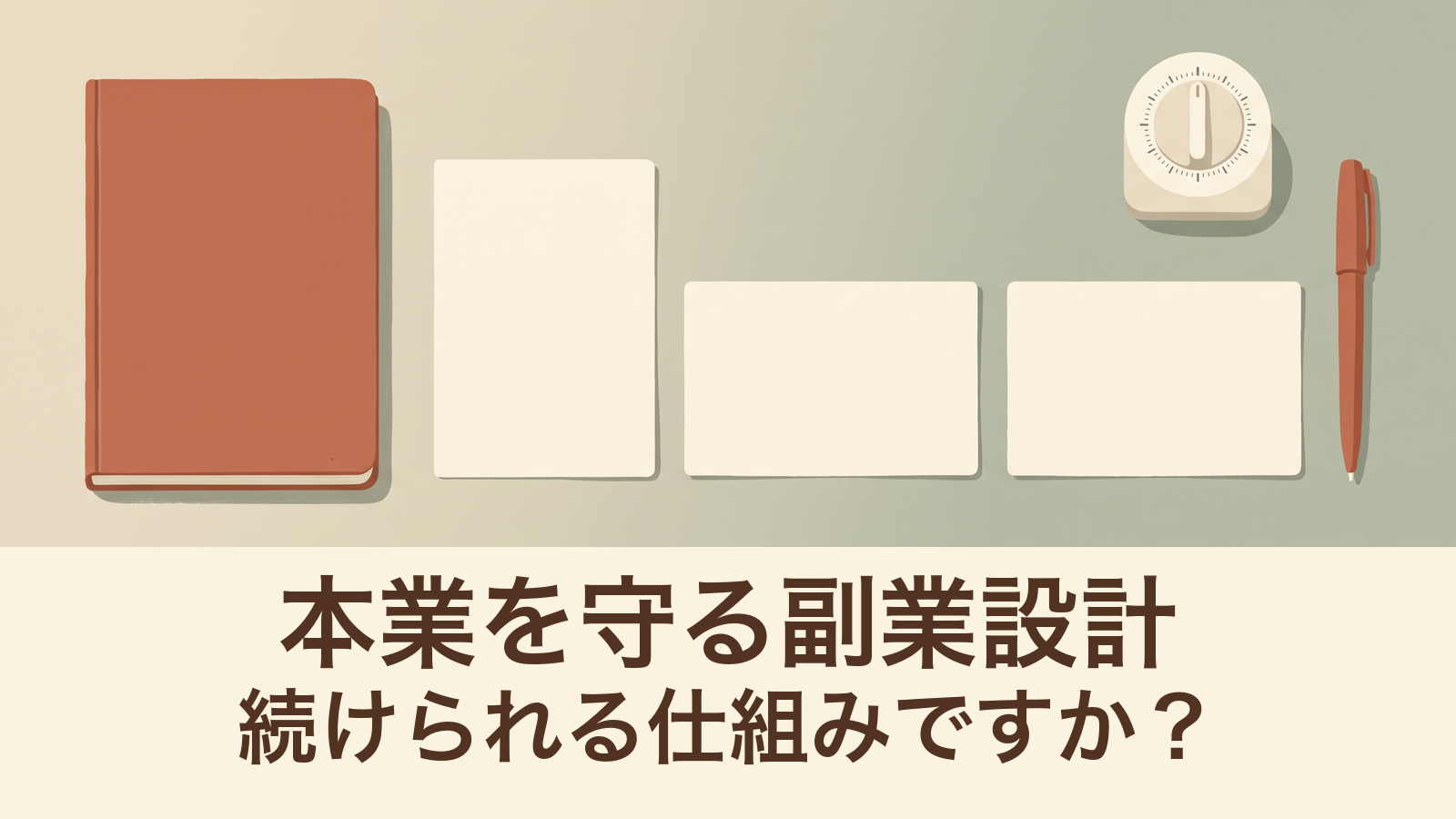 ノート、無地のカードとタイマーで継続できる作業を考えるイラスト。「本業を守る副業設計」「続けられる仕組みですか？」