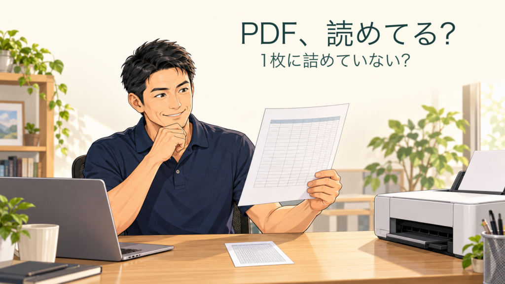 匿名の案内役が確認する説明イラスト。画像内文字「PDF、読めてる？／1枚に詰めていない？」
