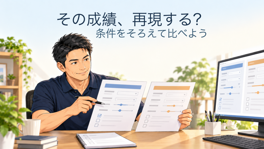 匿名の案内役が確認する説明イラスト。画像内文字「その成績、再現する？／条件をそろえて比べよう」
