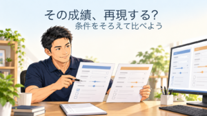 匿名の案内役が確認する説明イラスト。画像内文字「その成績、再現する？／条件をそろえて比べよう」