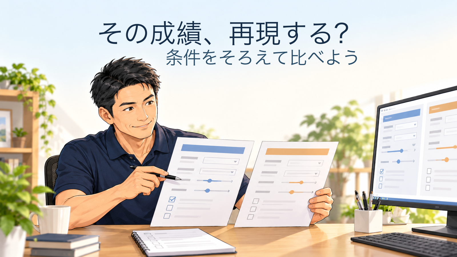 匿名の案内役が確認する説明イラスト。画像内文字「その成績、再現する？／条件をそろえて比べよう」