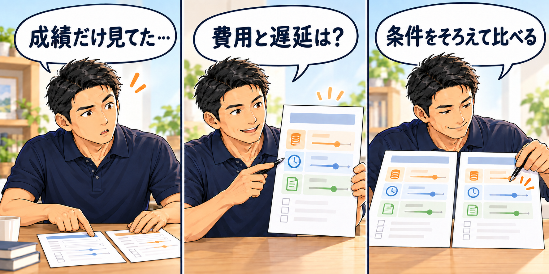 成績だけでなく費用と遅延を確認し、条件をそろえる匿名の案内役の三コマ漫画