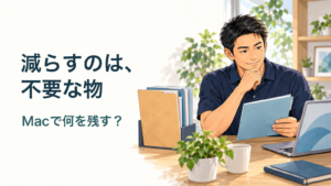 減らすのは、／不要な物／Macで何を残す？。記事の趣旨を表した生成イメージ