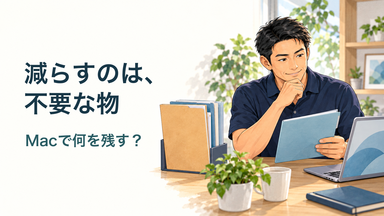 減らすのは、／不要な物／Macで何を残す？。記事の趣旨を表した生成イメージ
