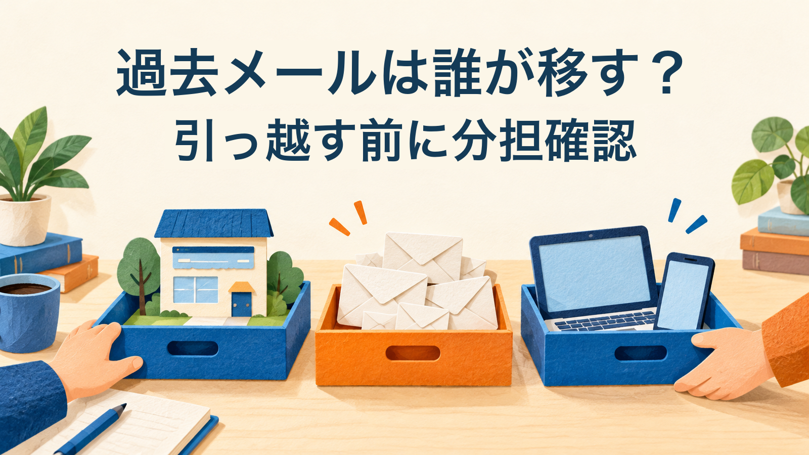 会社サイト、メール、端末を別々のトレーで整理する独自の説明イラスト。画像内文字は『過去メールは誰が移す？』『引っ越す前に分担確認』。実際の移行作業や利用画面ではありません。