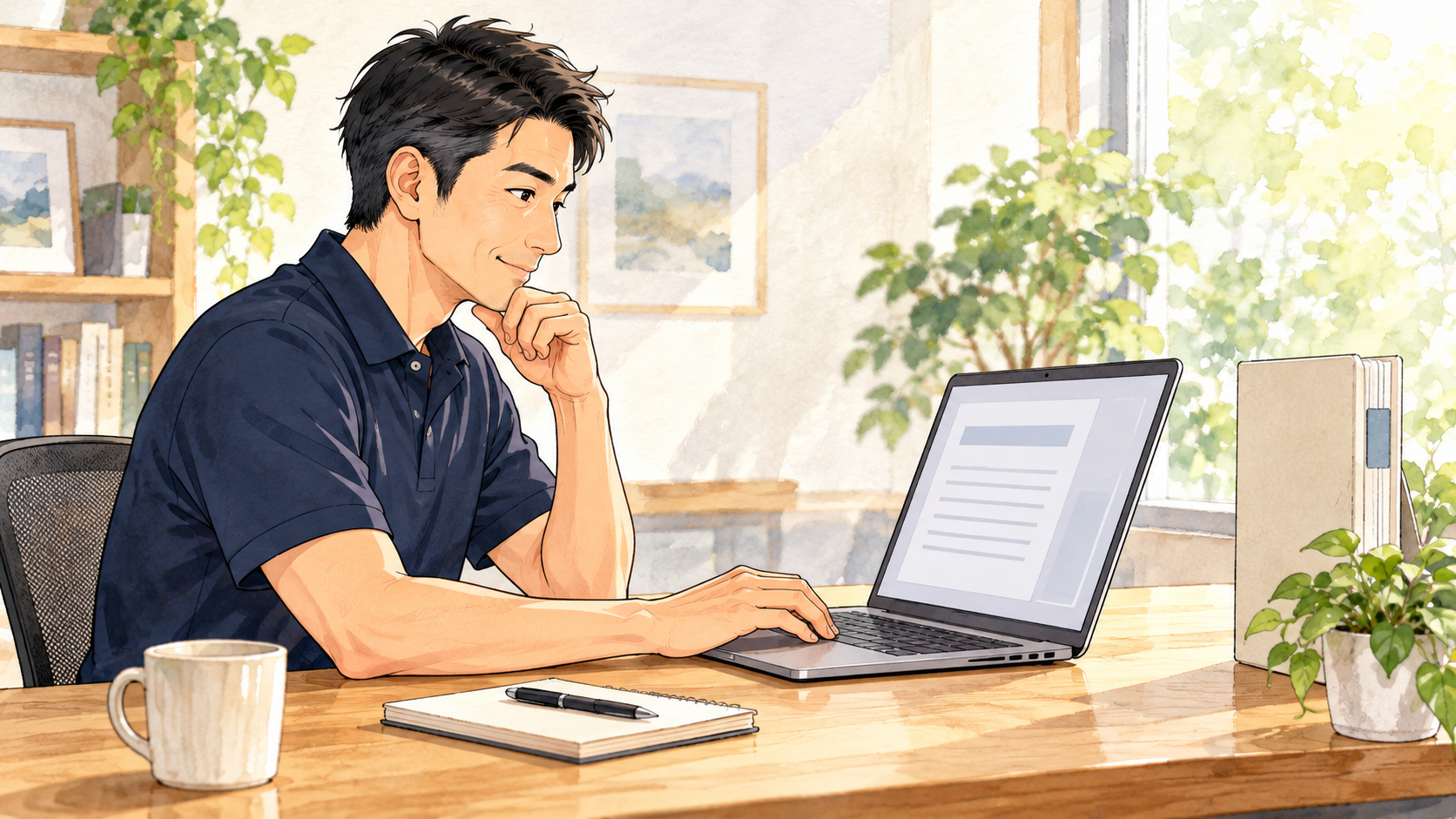 整理後にパソコンで必要な作業を試し、メモへ結果を書き留める匿名案内役の生成イラスト